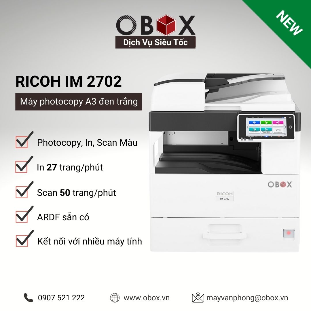 Máy photocopy, in đa năng đen trắng A3 Ricoh IM 2702, Copy - In - Scan màu 50 ipm với ARDF