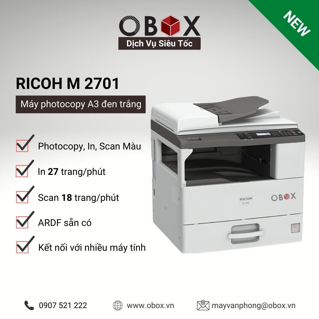 Máy photocopy, in đa năng đen trắng A3 Ricoh M 2701, Copy - In - Scan màu, ARDF