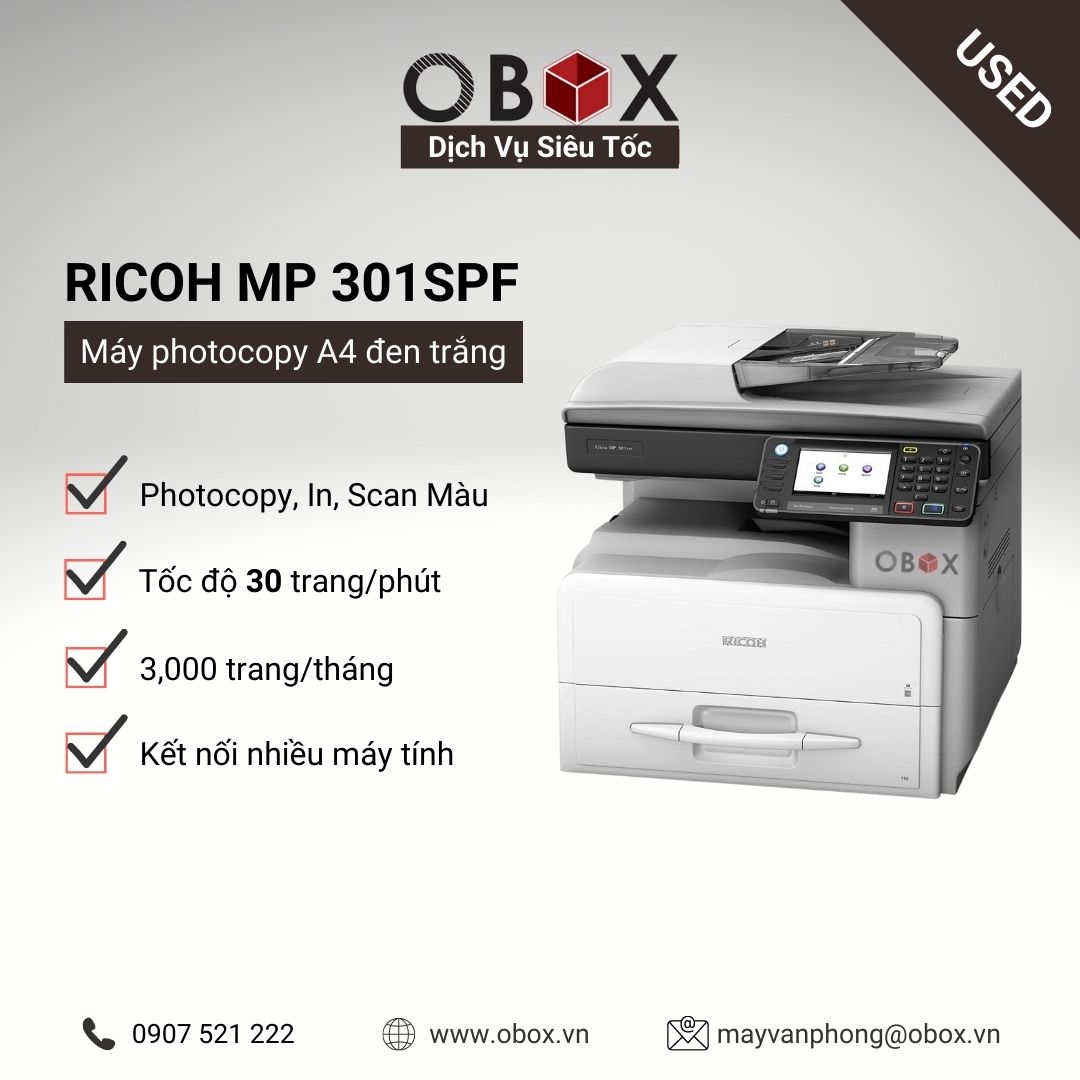 Thuê máy photocopy, in đa năng đen trắng A4 RICOH MP 301SPF - Copy, In, Scan, Fax, nhỏ gọn để bàn - USED