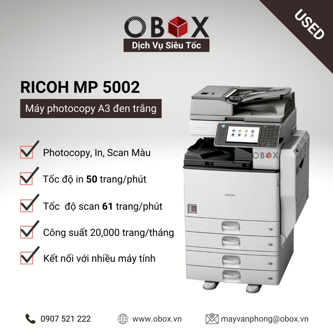 Thuê máy photocopy, in đa năng đen trắng A3 RICOH MP 5002SP, chi phí thấp, đáp ứng tốt nhu cầu cơ bản - USED