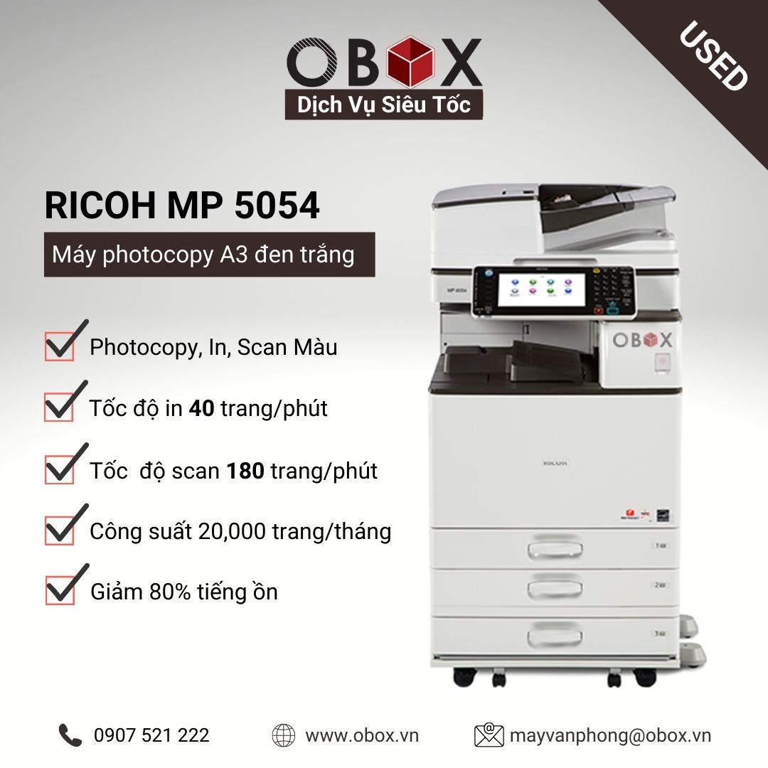 Thuê máy photocopy, in đa năng đen trắng A3 RICOH MP 5054, scan màu siêu tốc 180 trang/phút với SPDF - USED