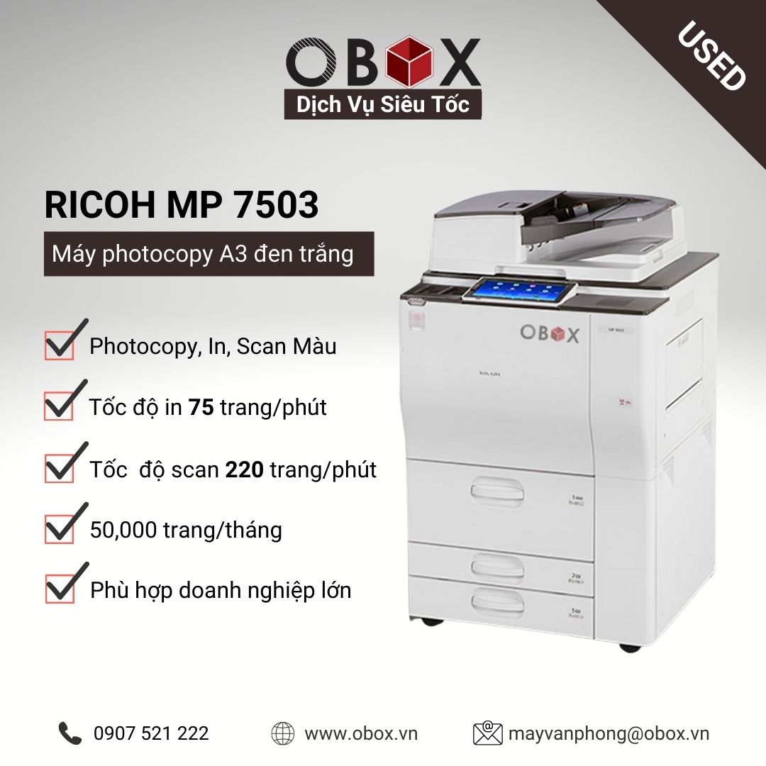 Thuê máy photocopy, in đa năng đen trắng A3 RICOH MP 7503, công suất lớn, scan màu 220 trang/phút, SPDF - USED