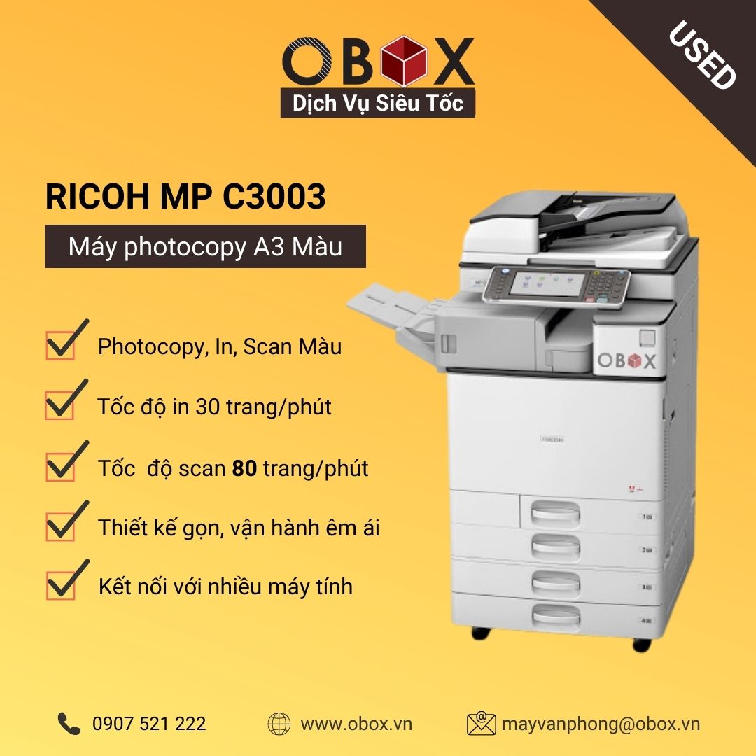 Thuê máy photocopy, in đa năng màu A3 RICOH MP C3003SP, hoạt động ổn định, phù hợp văn phòng nhỏ và vừa