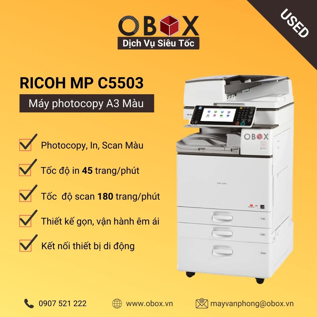 Thuê máy photocopy, in đa năng màu A3 RICOH MP C5503SP, tốc độ in 55 trang, scan màu 180 trang/phút, SPDF - USED