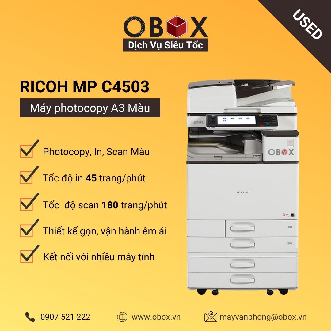 Thuê máy photocopy, in đa năng màu A3 RICOH MP C4503SP, Scan màu 180 ảnh/phút, hoạt động rất ổn định - USED