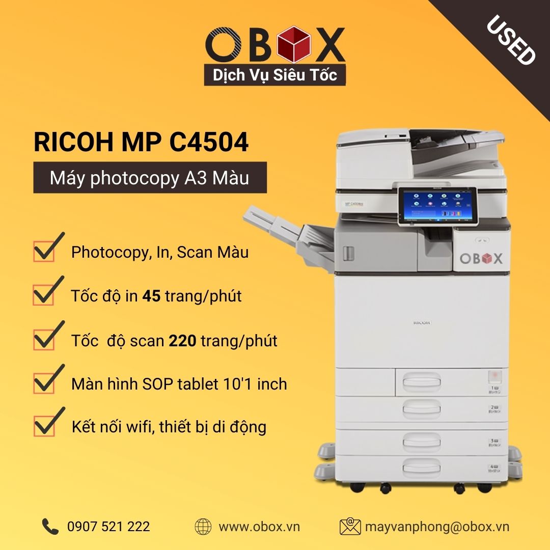 Thuê máy photocopy, in đa năng màu A3 RICOH MP C4504SP, SPDF scan màu siêu tốc 180 trang/phút - USED