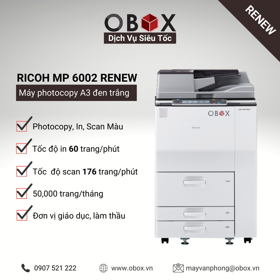 Máy photocopy, in đa năng đen trắng A3 Ricoh MP 6002 Renew