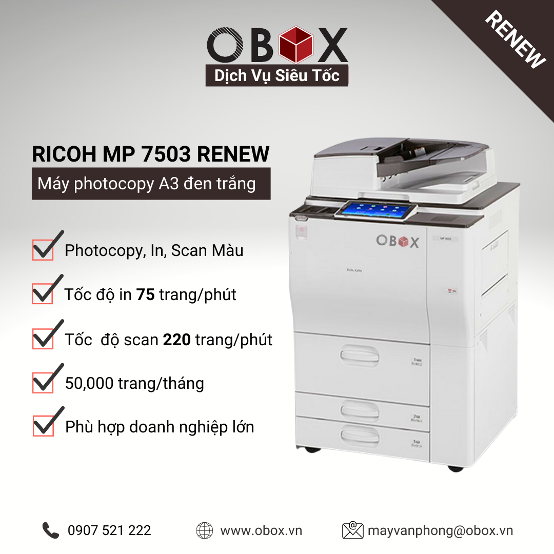 Máy photocopy, in đa năng đen trắng A3 Ricoh MP 7503 Renew