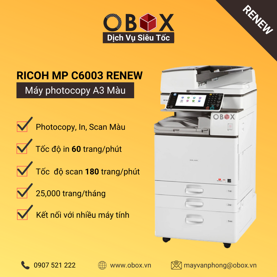Máy photocopy, in đa năng màu A3 Ricoh MP C6003 Renew