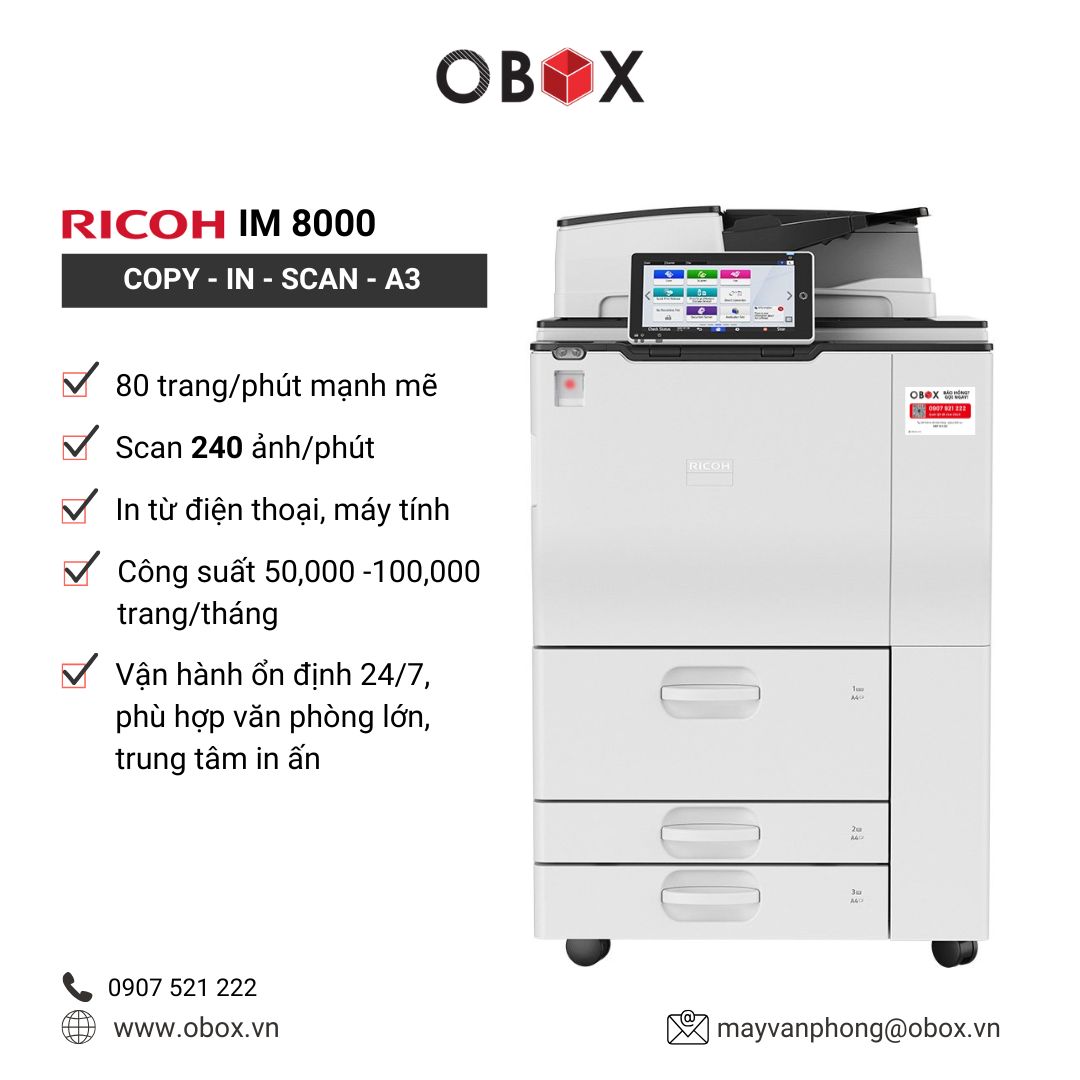 Máy Photocopy Đen Trắng Ricoh IM 8000 (Like New) – 80 Trang/Phút