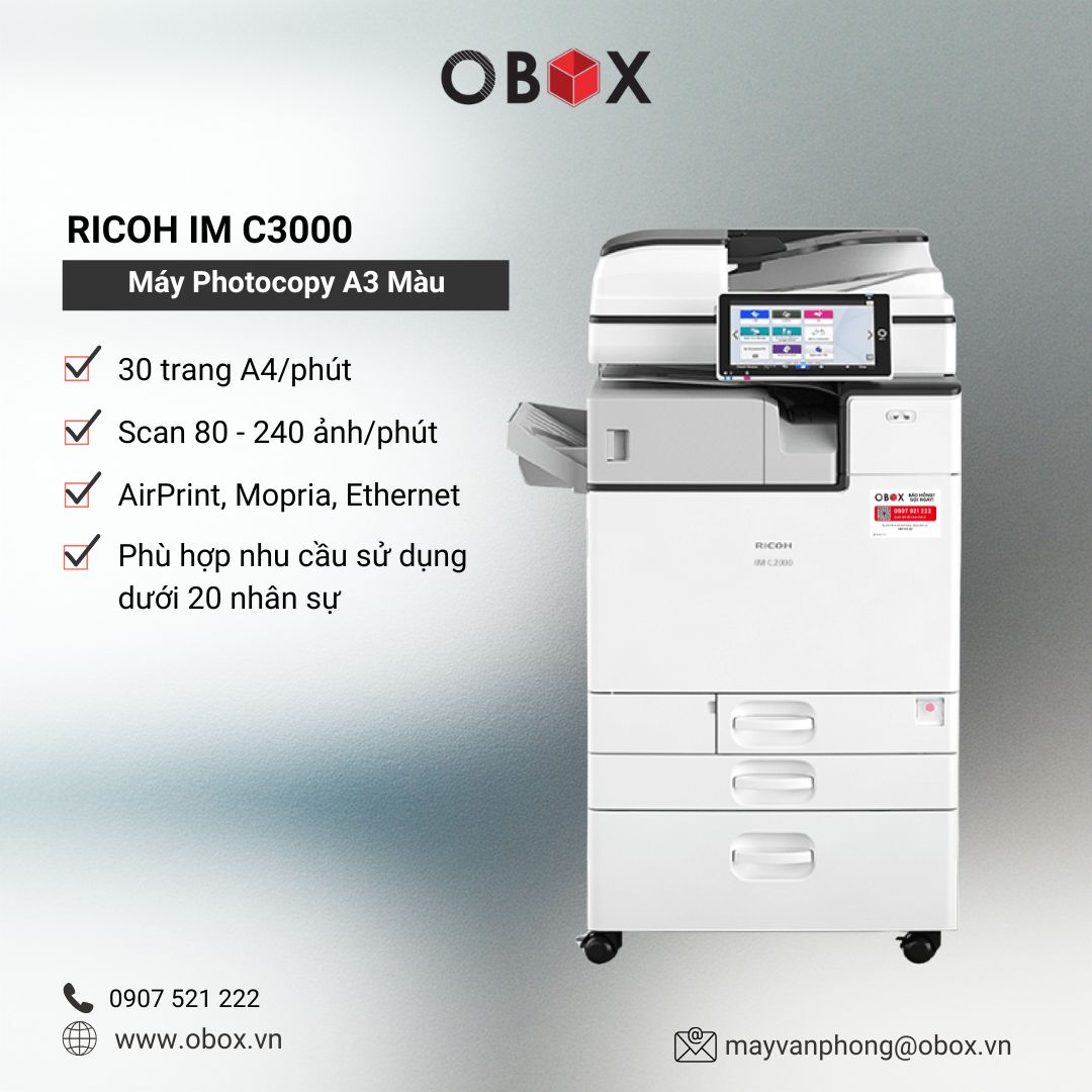 Máy Photocopy Màu Ricoh IM C3000 (Like New) – In Màu 30 Trang/Phút, Chuẩn Sắc, Ổn Định